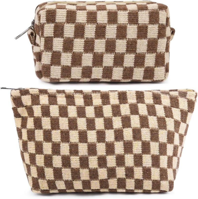 Fammart Travel Makeup Bag, Checkered Cosmetic Bag Make Up Organizer Case for Women, Small Toiletry Bag Skincare Pouch for Toiletries Accessories Brushes, 2PCS - Image 1